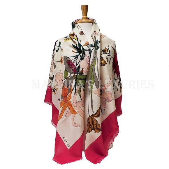 GUCCI SCARF MISS FLORA PRINT SHAWL WOOL SILK PINK BORDER SQUARE sz 55" - Picture 3 of 13